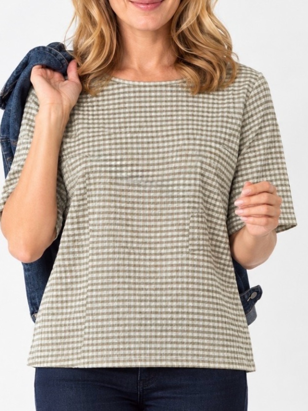 Petite XL Top Croft & Barrow Beige Gingham Crinkle Knit Blouse Top EUC